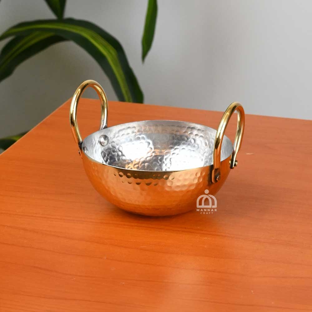 Handcrafted Brass Kadai – 5 Inch Traditional Brass Cooking & Serving Pan | Hammered Brass Kadai with Dual Handles