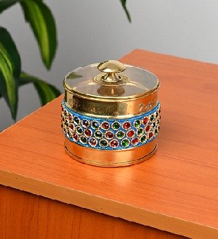 Decorative Brass Box with Multi Colour Stone Work | Serving and storage Box with Transparent Lid - Small