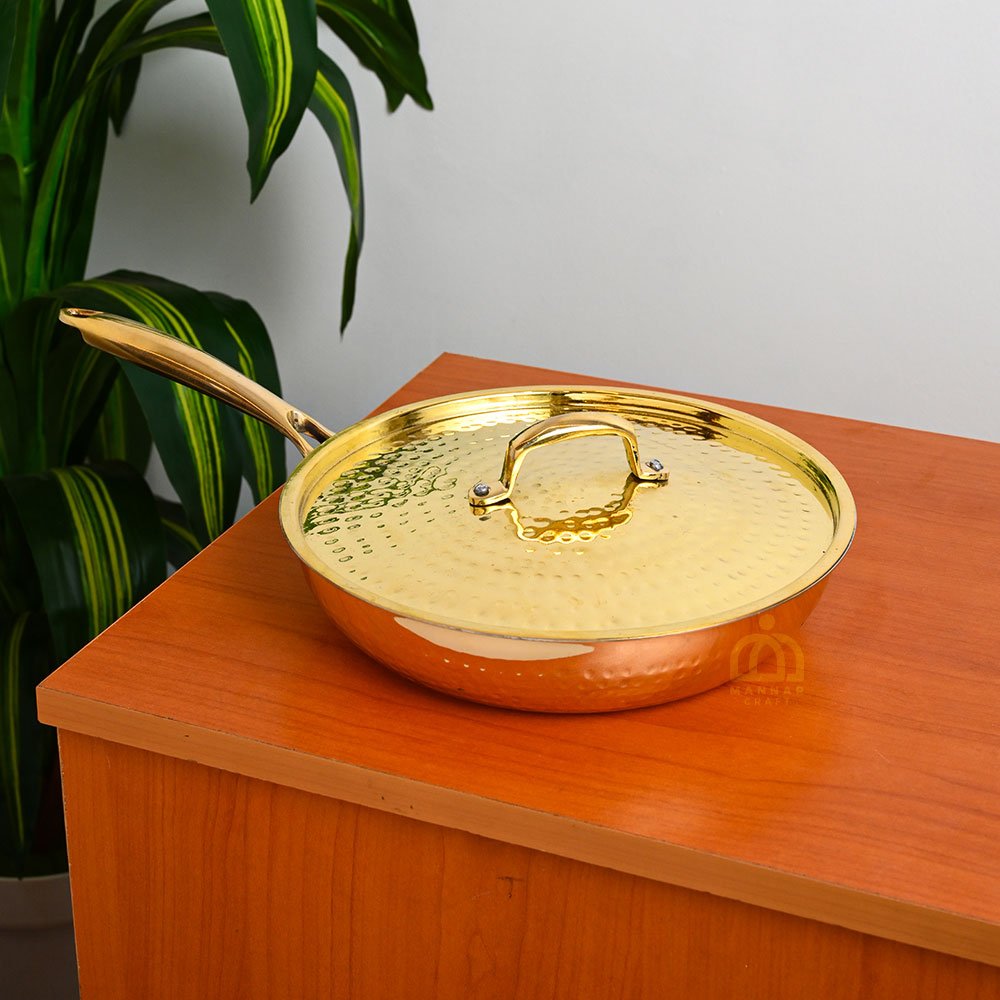 Handcrafted Pure Brass Polished Hammered Fry Pan with Lid | Tin-Coated Inner Surface | Traditional Cookware