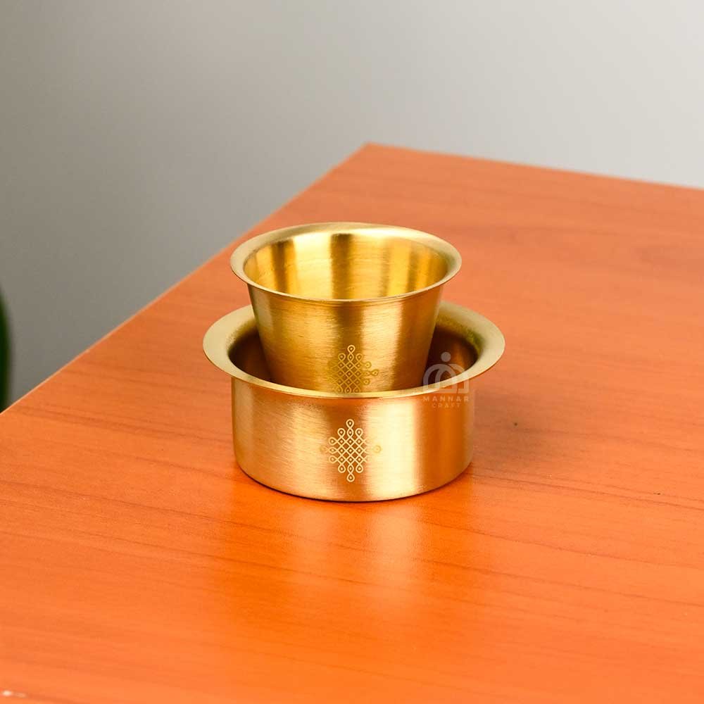 Brass Tumbler & Davara Set – Matt Finish with Engraved Kolam Design | Traditional South Indian Brass Drinkware | 120 ml Capacity