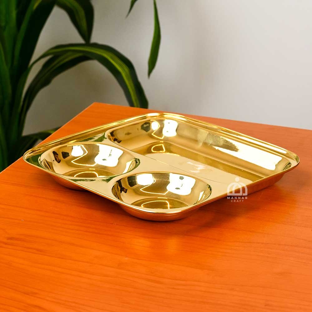 Polished Brass Small Dinner Plate/Thali with Extra Deep Round Compartments | Traditional Brass Serving Tray