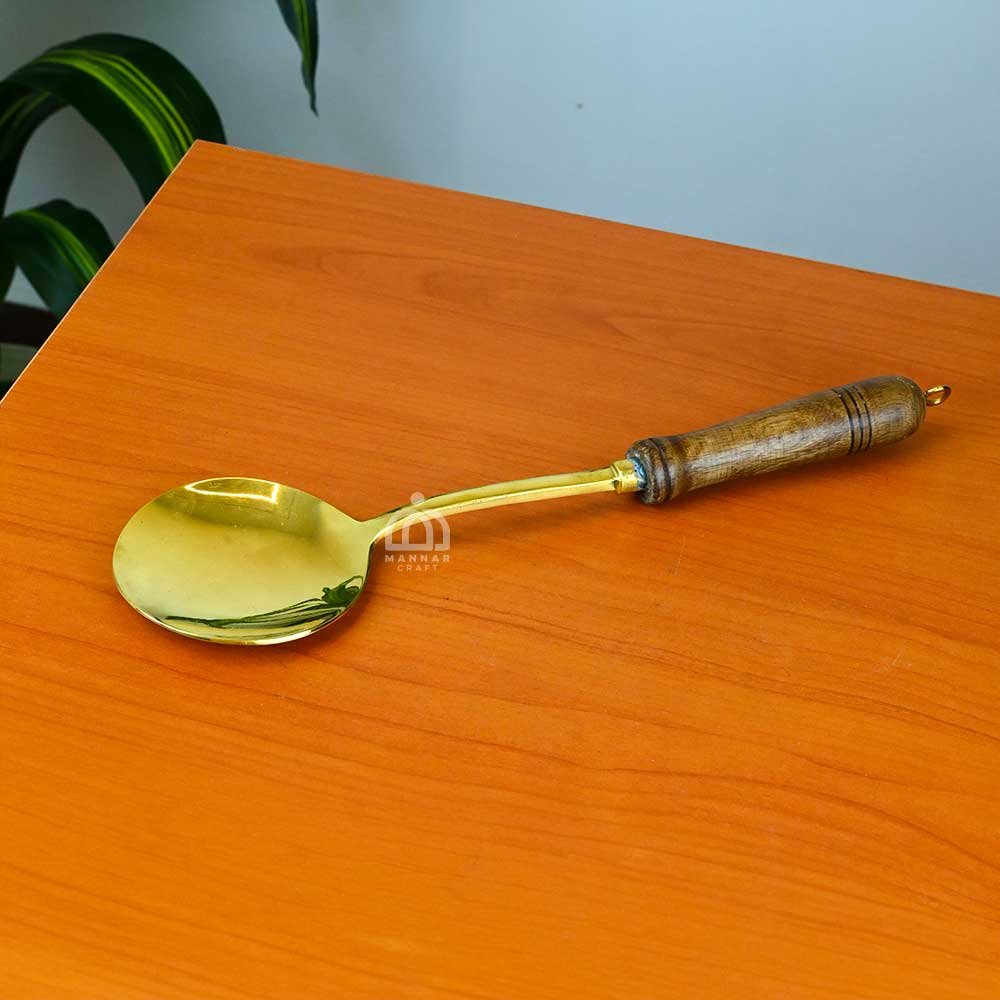 Brass Cooking & Serving Spoon with Wooden Handle | Polished Brass Cookware for Home & Kitchen