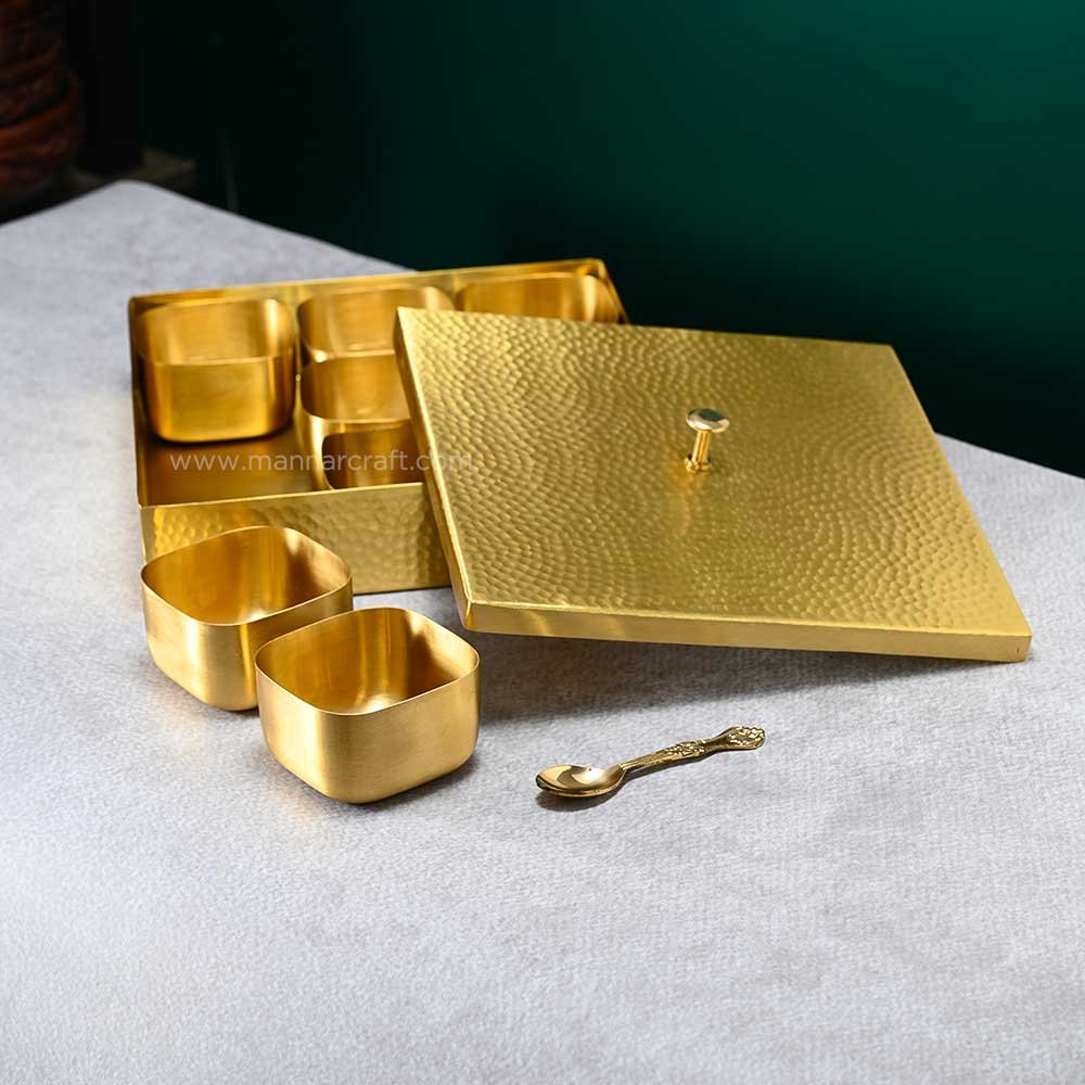 Pure Brass Square Spice Box – 8 Inch Masala Dabba with 9 Containers & Spoon