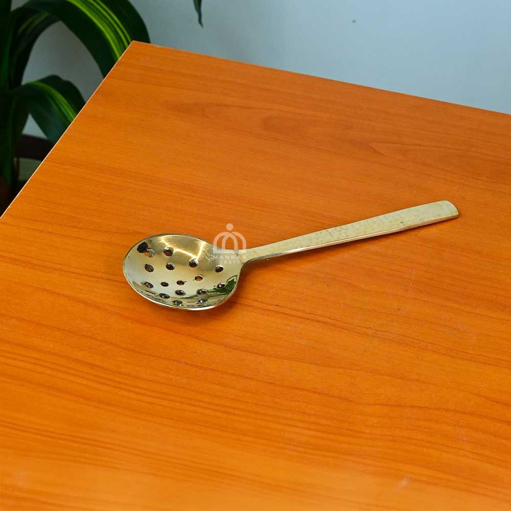 Brass Skimmer Spatula – 10 Inch Perforated Strainer Spoon | Traditional Brass Kitchen Utensil for Frying & Oil Draining