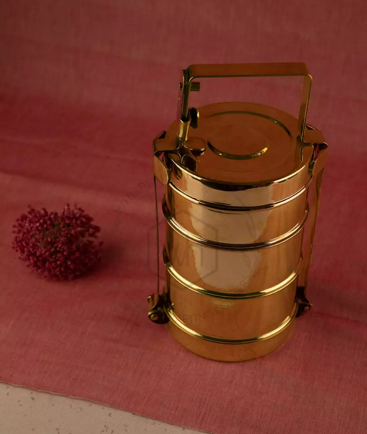 Mannar Craft Brass Handmade Lunch Box | 3-Compartment Brass Serveware & Tableware