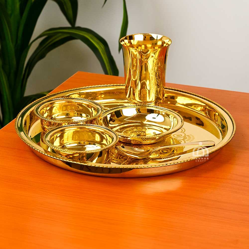 Premium Brass Thali Set 6-Piece | Pure Traditional Indian Dinnerware | Floral Design