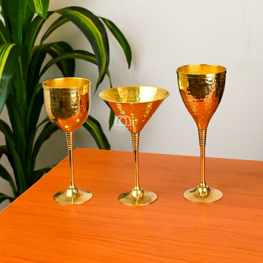 Brass Wine Glass Set of 3 – Handmade Hammered Brass Goblets for Wine, Cocktail & Home Bar Decor