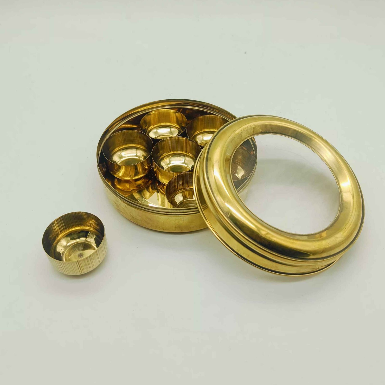 Pure Brass Traditional Masala Dabba with 7 Containers | Handcrafted Spice Storage Box | Compact Kitchen Organizer for Spices & Pooja Materials