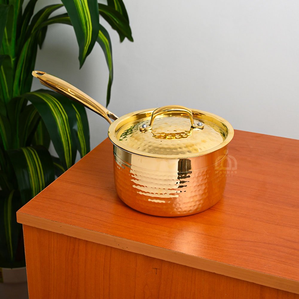 Handcrafted Pure Brass Saucepan with Lid – Hammered Finish & Tin Coated Inner | Kalai Traditional Cookware - 1.5 Litre