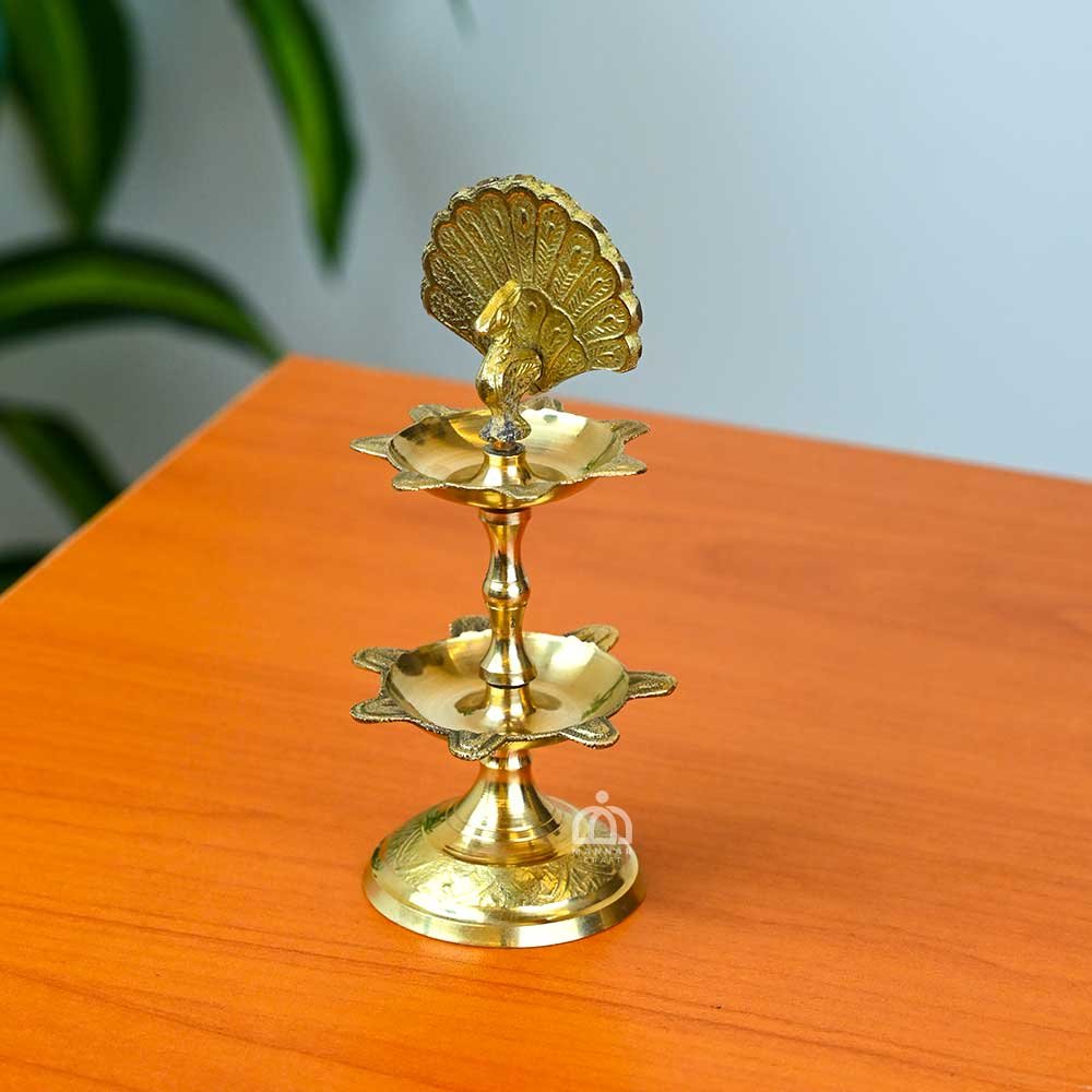 Brass Peacock Diya Stand – 6 Inch Traditional Handcrafted Oil Lamp for Pooja, Temple & Home Decor