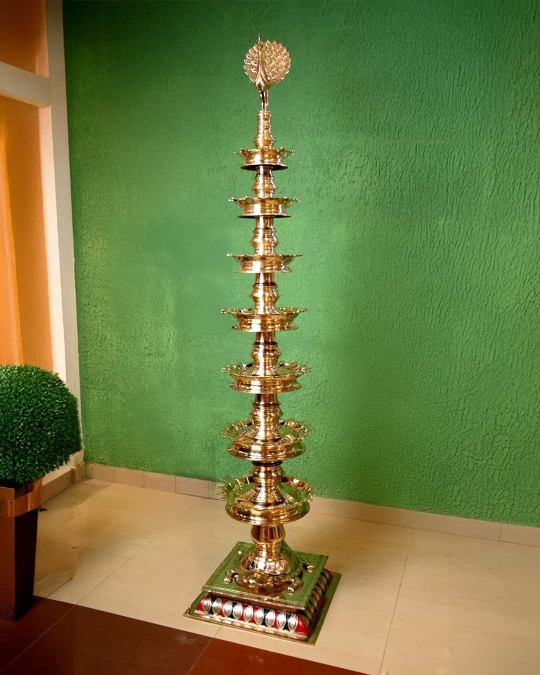 Multiple Layers Peacock Stambha Vilakku - 7-Step Traditional Brass Oil Lamp for Temple and Décor