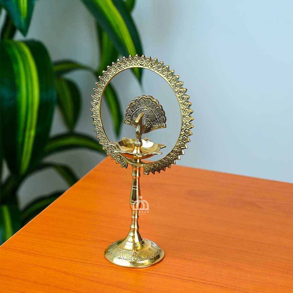 Ethnic Peacock Brass Oil Lamp – 8.5 Inch Handcrafted Deepam for Pooja, Temple & Home Decor