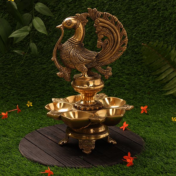 Peacock Model Brass Diya – 11 Inch Antique Finish