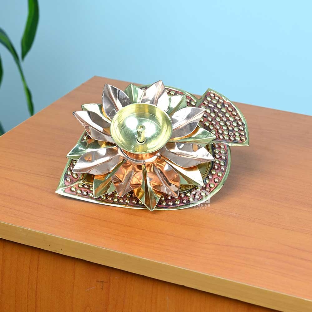 Festive Brass Pan Shape Akhand Diya with Lotus Flower Design – Handmade Pooja Lamp for Home, Temple & Diwali Decoration