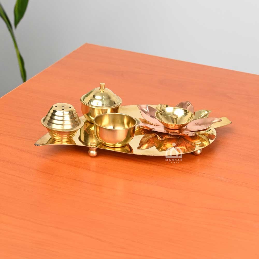 Brass Betel Leaf Pooja Thali Set with Lotus Diya, Agarbatti Holder & Kumkum Containers
