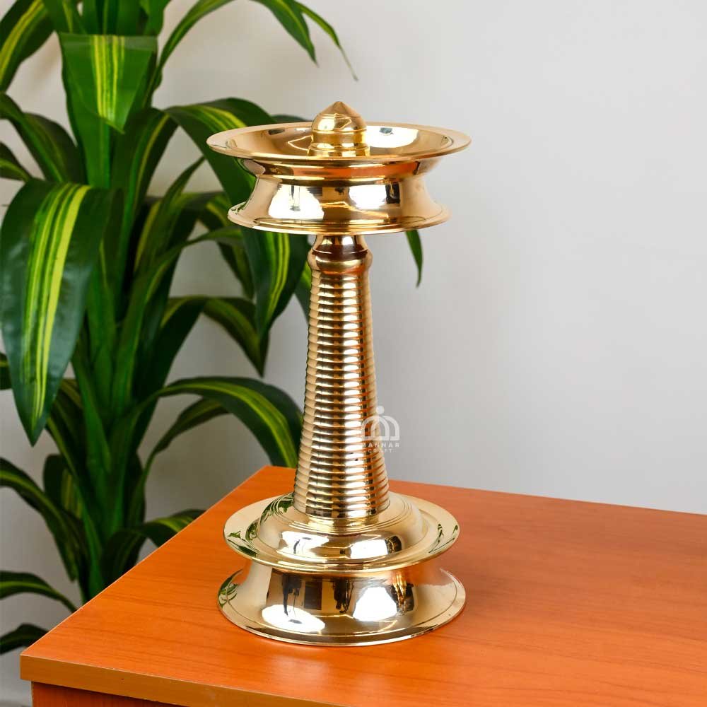 Handmade Brass Vilakku with Unique Mottu Design – 14 Inch Tall Kerala Oil Lamp for Pooja & Home Decor