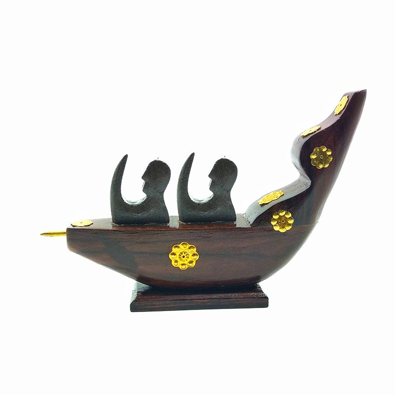 Wooden Kerala Traditional Boat Curio Miniature with 2 Men Figurines