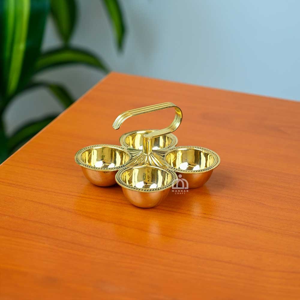 Brass Chopda (Chokda ,Choupala, Chopala, Chowmukh, Chaugda, Panchpal ) – Traditional Pooja Bowl for Kumkum, Haldi, Roli, Chawal & Chandan 