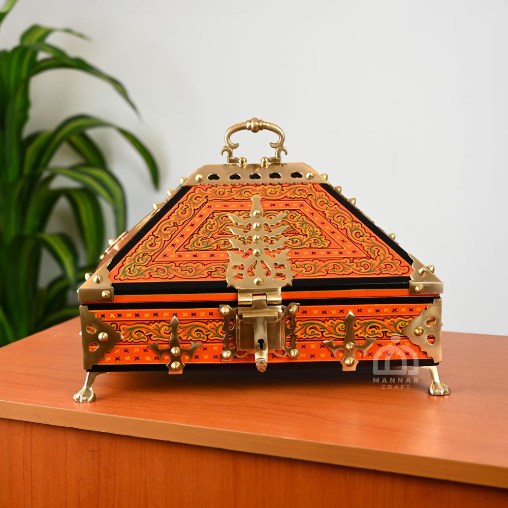 Nettoor Petti with Orange Mural Paint (Large) | Mahogany Amadapetti Jewel Box | Handcrafted Kerala Wooden Treasure Chest