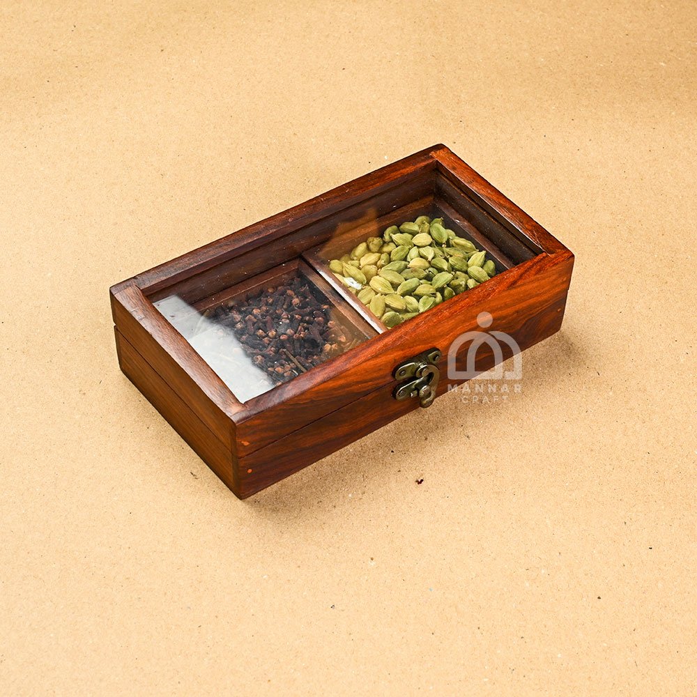 Mannar Craft Wooden Spice Masala Box with spice - 2 Partitions | Handcrafted Wooden Masala Dabba for Kitchen Storage