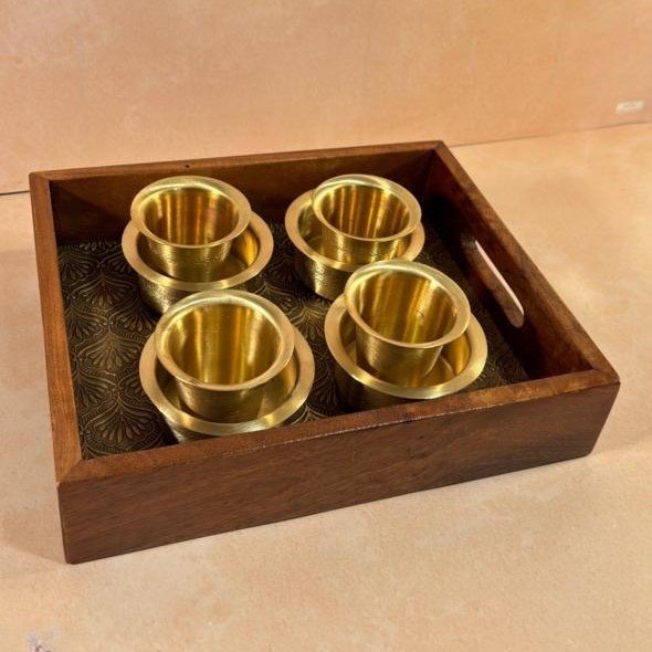 Handcrafted Wooden Serving Tray with Embossed Brass Sheet - Elegant Side-Holding Design
