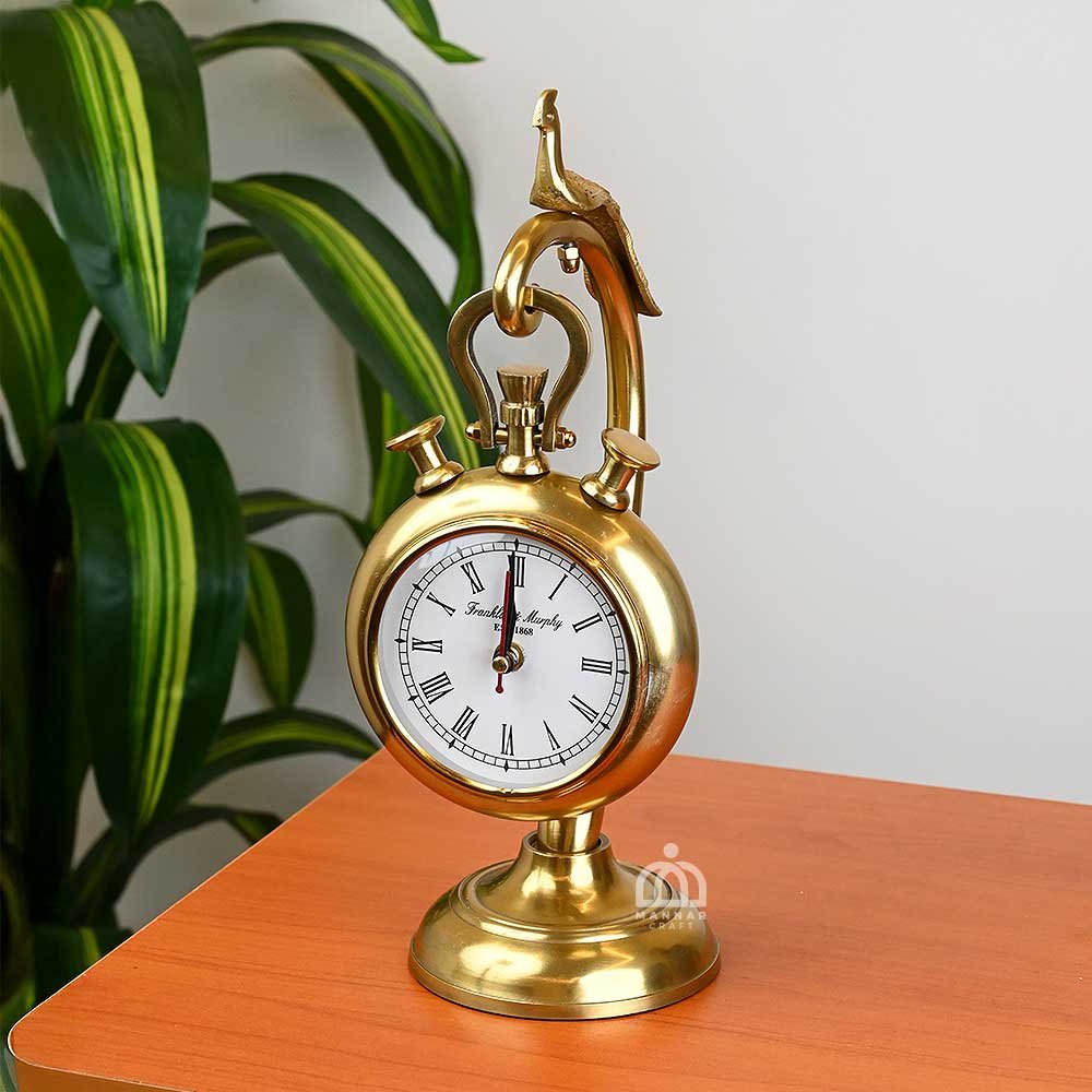 Antique Brass Table Clock – 13 Inch Vintage Style Desk Clock with Peacock Design | Handcrafted Brass Clock for Home, Office & Gifting