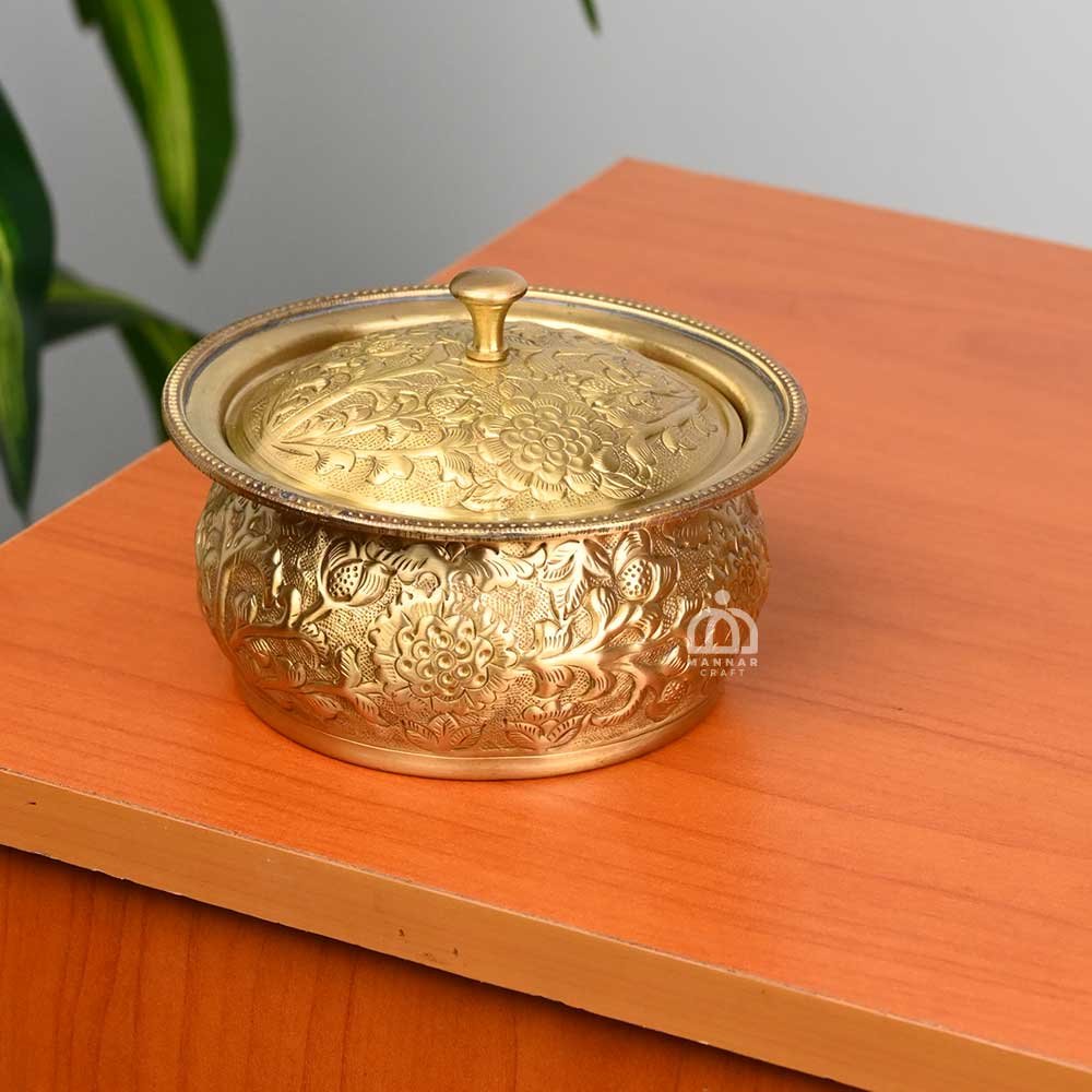 Brass Antique Trinket Box/ Nakshi storage with Elegant Rimmed Design – Vintage Brass Jewelry Box, Snack Box, Keepsake Bowl & Decorative Storage