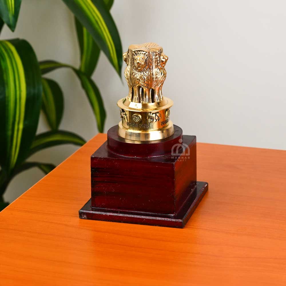 Brass Ashoka Stambh – National Emblem of India Sculpture on Wooden Base | Decorative Brass Lion Capital Showpiece for Office & Gifting 
