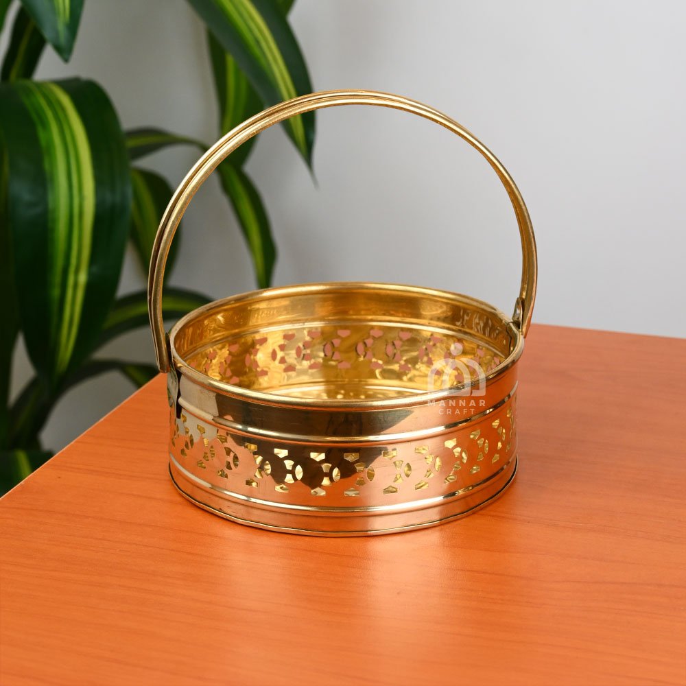 Handcrafted Round Brass Pooja Basket – Traditional Brass Basket for Puja, Home Temple, Festive Decoration & Gifting
