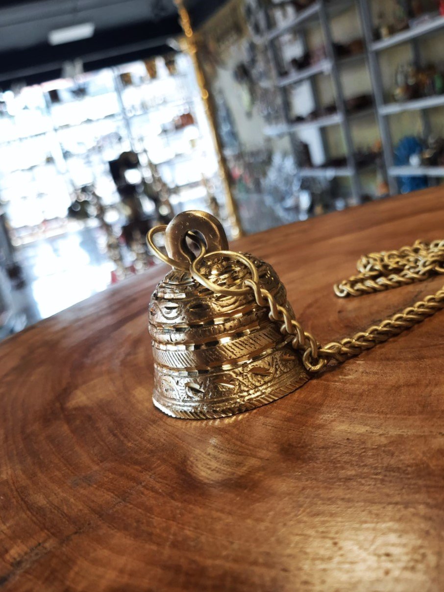 Antique Brass Hanging Bell with Chain – 2.5 Inch | Traditional Temple Bell for Home & Pooja Decor