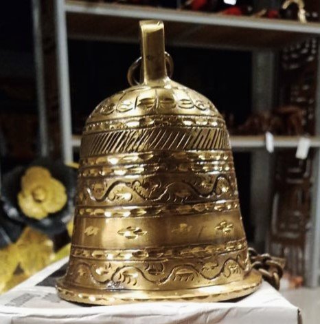 Antique Brass Hanging Bell with Chain – 4 Inch | Traditional Temple Bell for Home & Pooja Decor