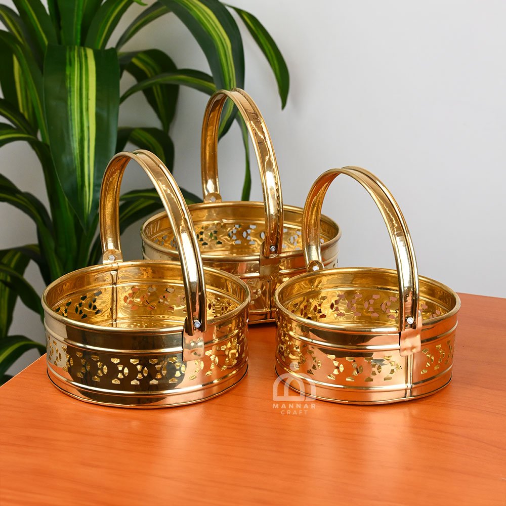 Set of 3 Handcrafted Round Brass Pooja Basket for Puja, Gift & Home Decor – Traditional Indian Brass Basket by Mannar Craft