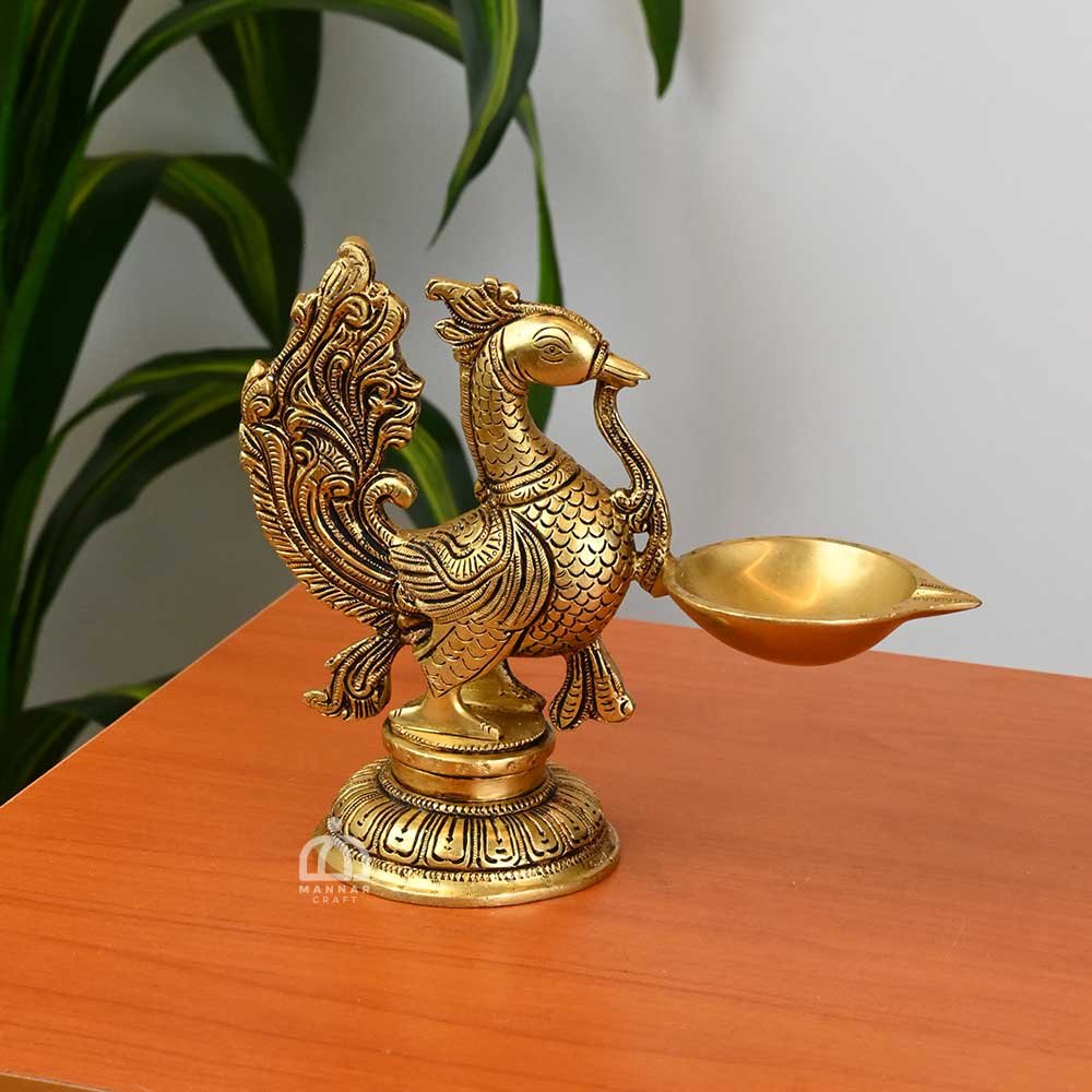 Brass Special Peacock Deepak – Handcrafted Brass Peacock Diya Holder | Mannar Craft Traditional Home Decor & Gift