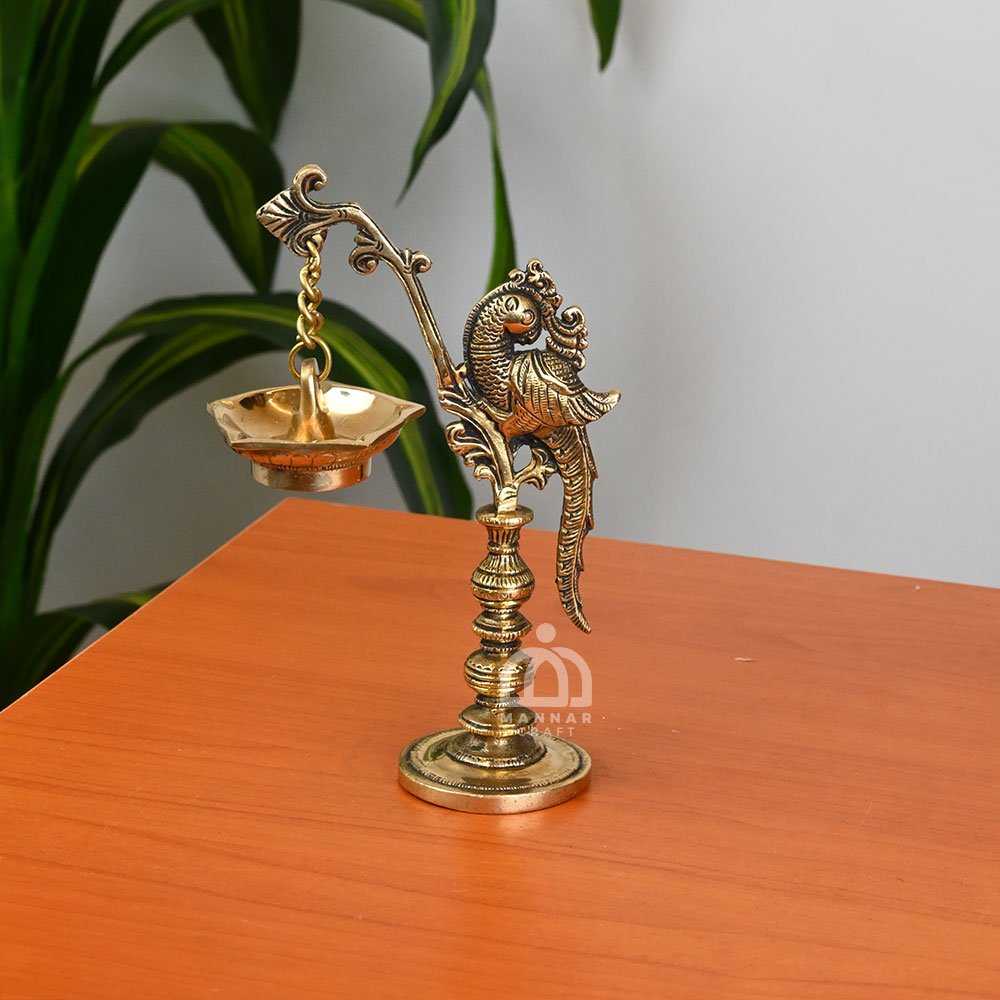Brass Peacock with Hanging Lamp – Handcrafted Brass Peacock Diya | Mannar Craft Traditional Home Decor & Gift