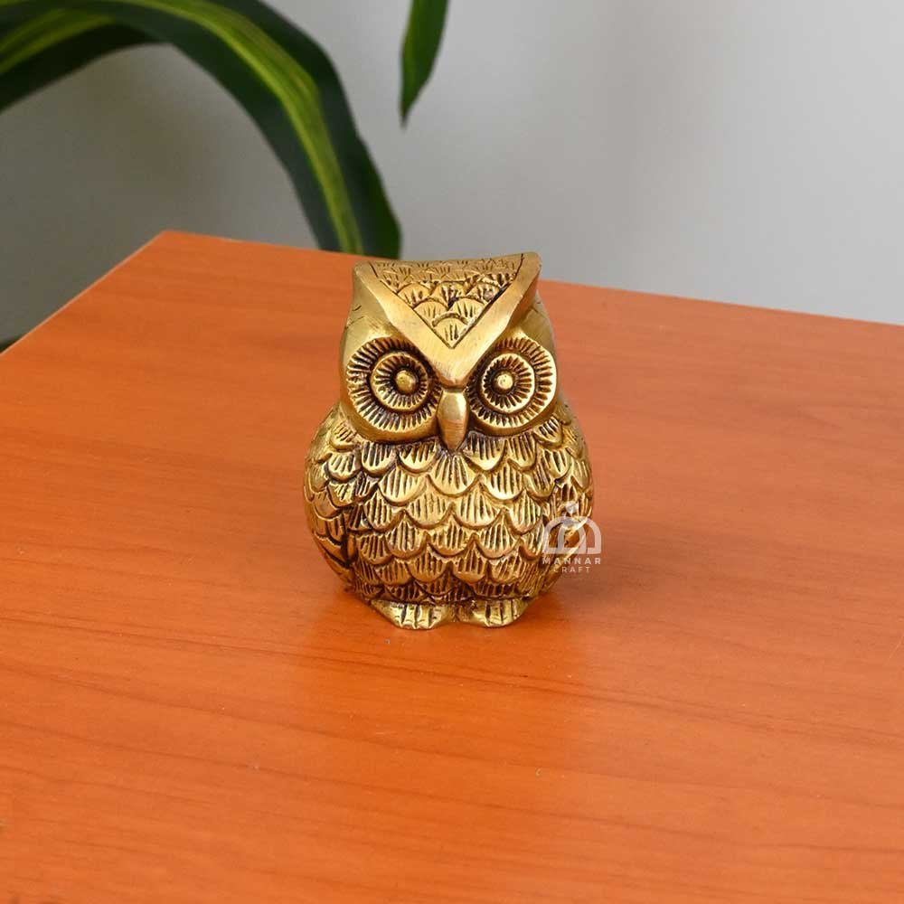 Brass Owl Statue – Handcrafted Miniature Brass Owl Figurine | Mannar Craft Home Decor & Gift