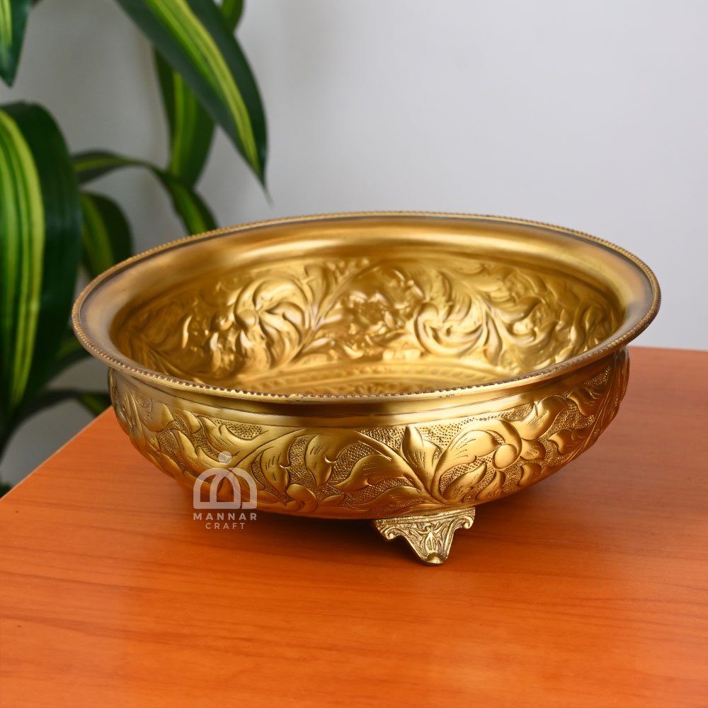 Floral Embossed Brass Uruli – Traditional Decorative Bowl for Home Decor, Pooja & Festive Occasions