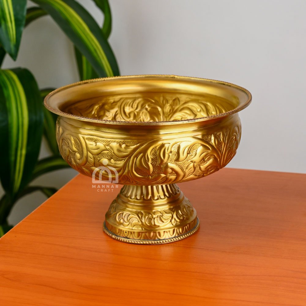 Brass Pedestal Bowl with Floral Engravings – Traditional Decorative & Serving Bowl for Home, Pooja, Festivals & Weddings