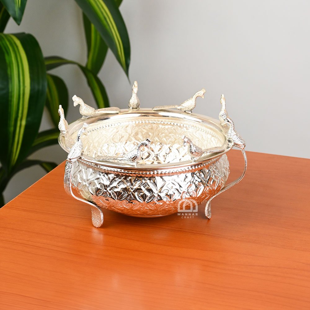 Brass Silver Coated Uruli with Peacock Design – Decorative Bowl for Pooja, Floating Flowers & Home Decor