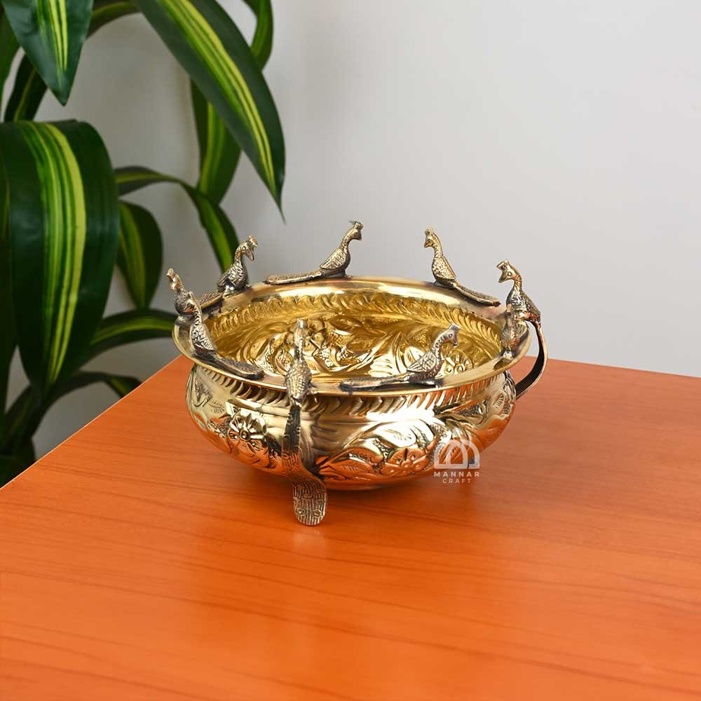 Brass Uruli with Peacock Design – Decorative Bowl for Pooja, Floating Flowers & Home Decor