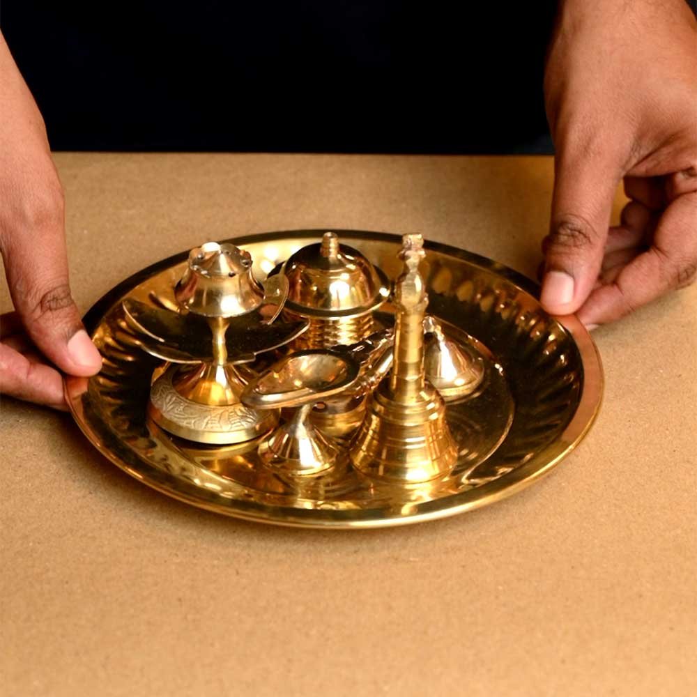 Brass Pooja Thali Set – Handcrafted Brass Plate (5 Piece Set) | Traditional Puja Thali for Daily Worship & Festivals