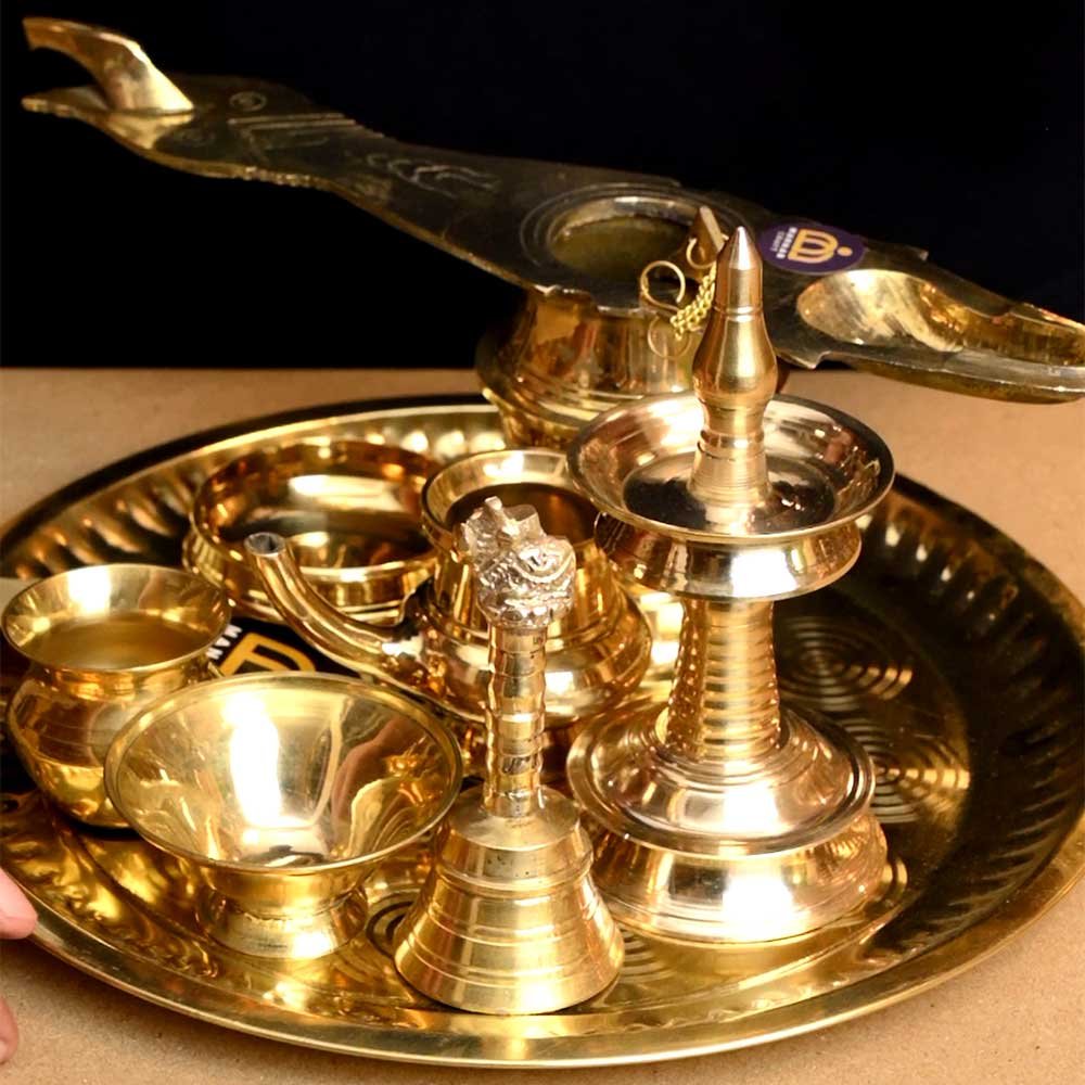 Brass Pooja Thali Set – 10 Piece Handcrafted Puja Plate with Nilavilakku, Ashtamangalya Vilakku, Bell, Uruli, Lota & Accessories