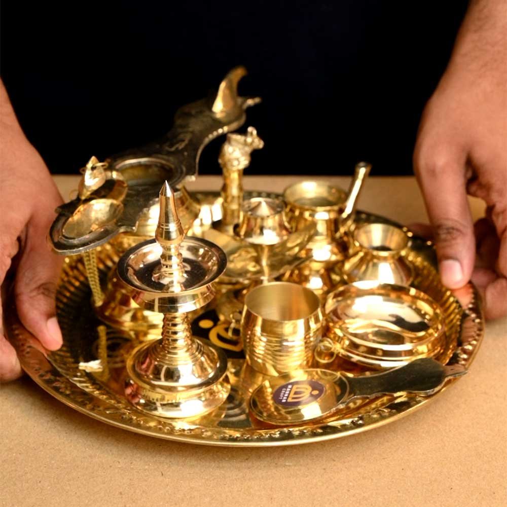 Brass Pooja Thali Set – 10 Piece Traditional Puja Plate with Ashtamangalya Vilakku, Nilavilakku, Bell, Uruli, Kindi, Lota & Accessories