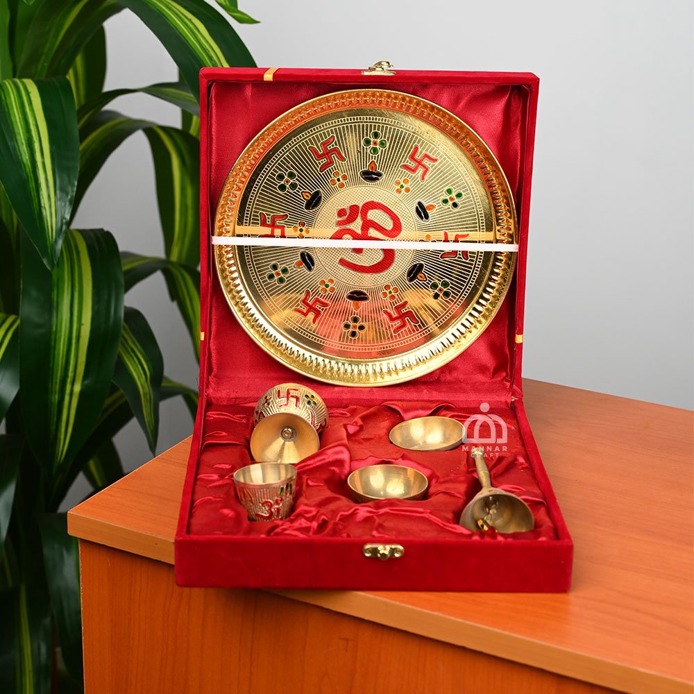 Brass Pooja Thali Set in Velvet Gift Box – Traditional Puja Plate for Festivals & Gifting