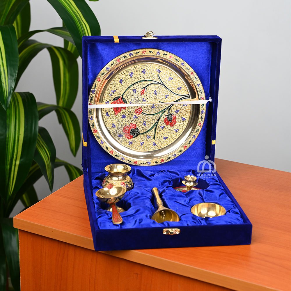 Brass Pooja Thali Set with Red Flower Design in Blue Velvet Gift Box - Traditional Puja Plate for Festivals & Gifting