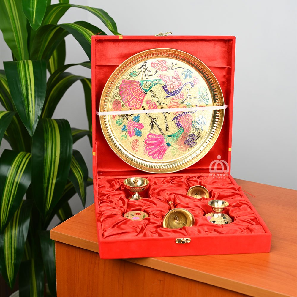 Brass Pooja Thali Set with Red Flower Design in Red Velvet Gift Box – Traditional Puja Plate for Festivals, Rituals & Gifting