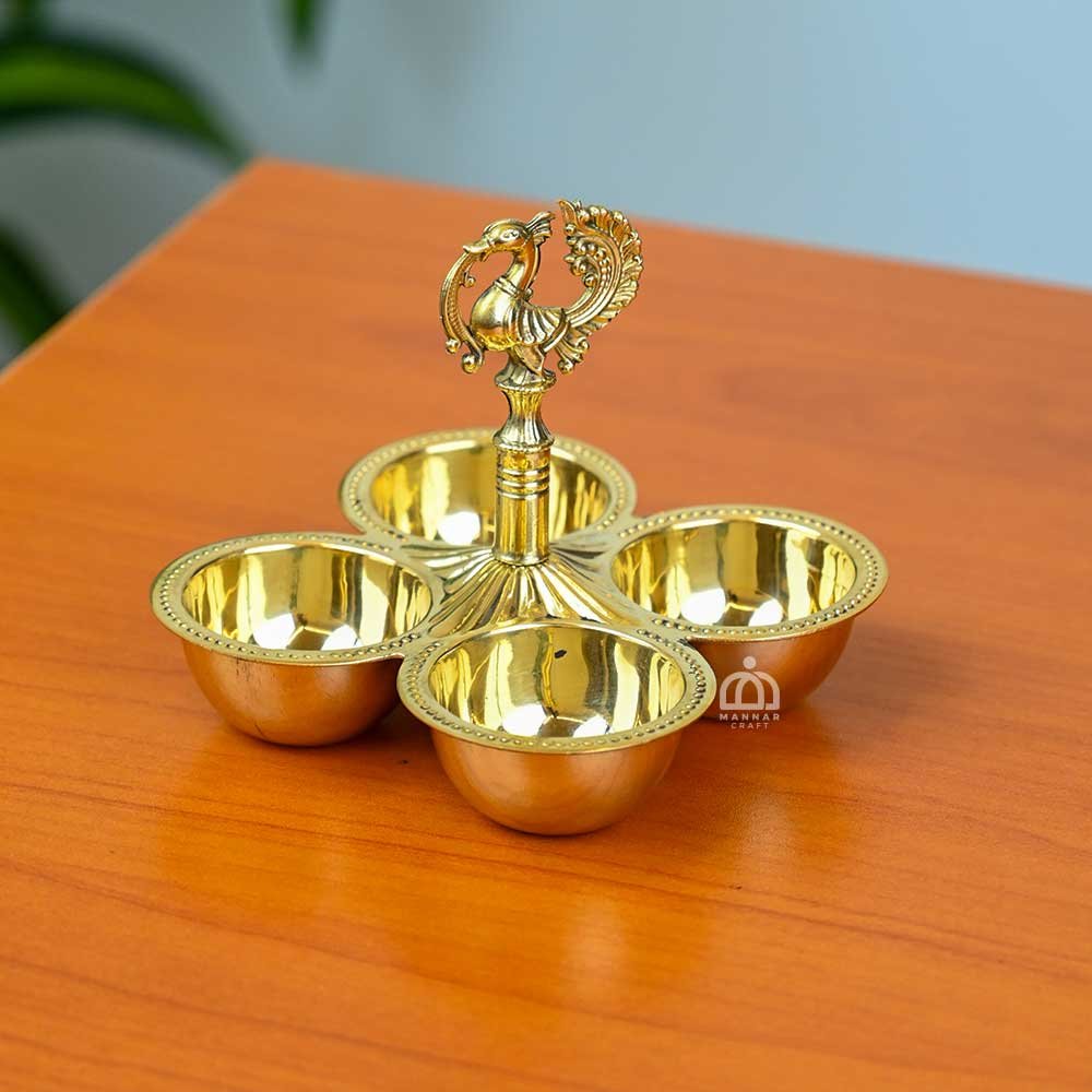 Brass Peacock Design Four Petal Chopda (Chokda ,Choupala, Chopala, Chowmukh, Chaugda, Panchpal ) – Pooja Bowl for Kumkum, Haldi, Roli, Chawal & Chanda