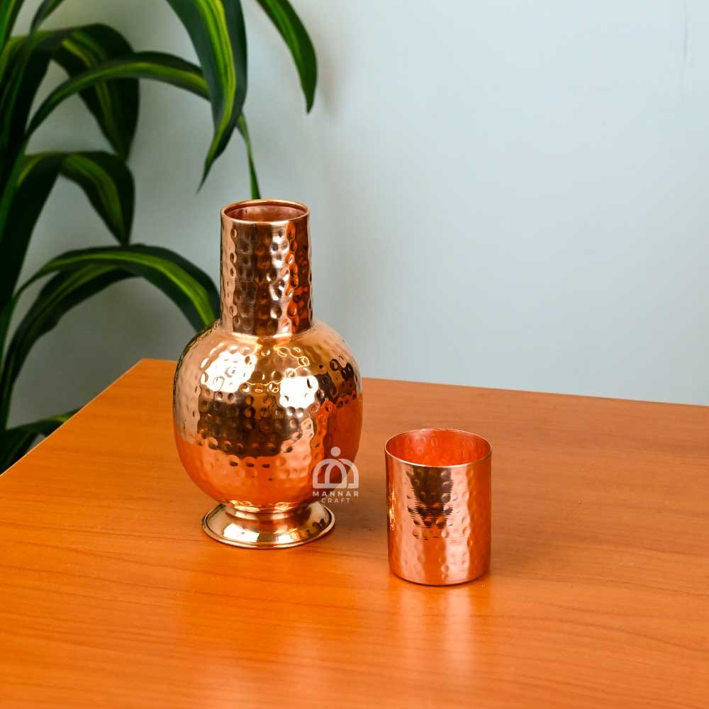 Premium Surahi Design Copper Water Bottle with Lid-as-Glass – Hammered Finish | Traditional Drinkware by Mannar Craft