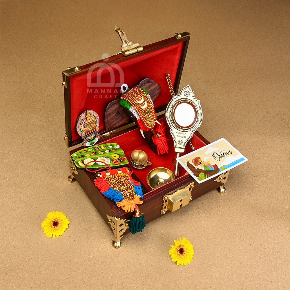 Mannar Craft Onam Combo – Medium Nettoor Petti, Aranmula Vaal Kannadi, Sadhya Fridge Magnet, Elephant Head with Nettipattam, Kuber Diya set, Brass Uru