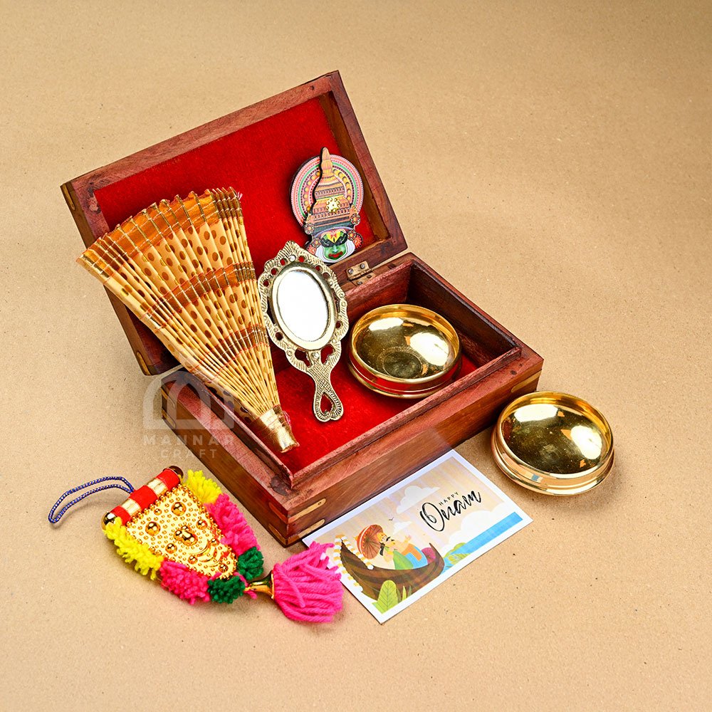 Mannar Craft Onam Combo – Small Wooden Box, Nettipattam, Thiru Udayada, Kathakali Fridge Magnet , Vaal Kannadi and Brass Uruli set