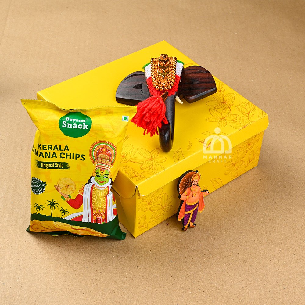 Mannar Craft Kerala Onam Combo – Elephant Head with Nettipattam Decor, Banana Chips & Mahabali Fridge Magnet